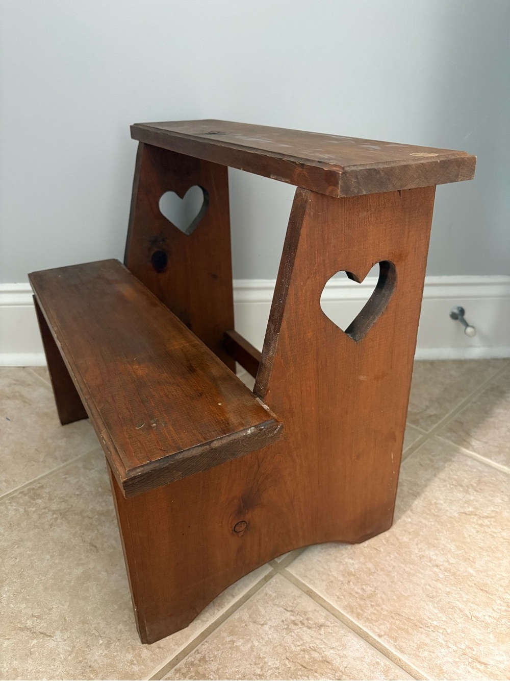 vintage primitive wooden two-step stool with heart cut outs 15 x 18 x 11 in